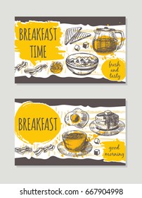 Breakfast time brochure flyer design Retro background. Hand drawn vector illustration. Can be used for menu, cafe, restaurant, bar, poster, banner, emblem, sticker, placard and other.
