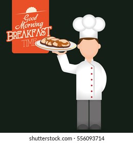 breakfast time chef man tray pancakes delicious vector illustration eps 10