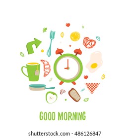 Breakfast time circle banner with Fried egg and alarm clock, tea cup, croissant, apple.