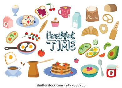 Breakfast time collection with different elements, food and drinks isolated on white background