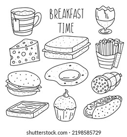 Breakfast time collection in hand drawn doodle style. Morning meal, coffee and tea, fried egg and croissant , toast, cheese. Meal time. Lunch time isolated on white background.