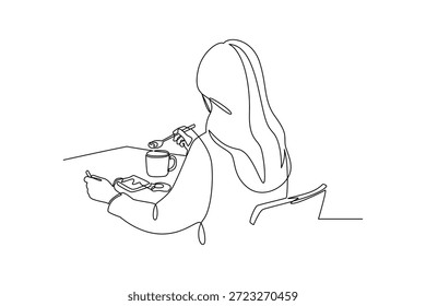 No. Concepto de la hora del desayuno. Diseño de dibujo de línea única. Ilustración gráfica de Vector