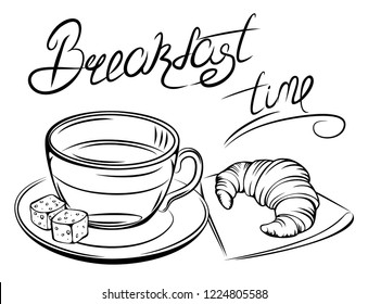 
Breakfast time. A cup of tea and a croissant on a napkin. The illustration is drawn by hands, you can paint it, you can apply it on a card, menu, advertisement.