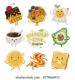 Breakfast time cute cartoon characters emoji set for menu project. Waffle, toast, fruits, pancake, fried egg, bacon and a cup of coffee. Isolated on white background.