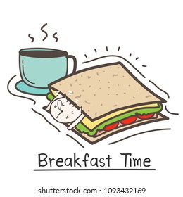 Breakfast Time With Cute Cat Sandwich And Coffee. Vector Illustration.