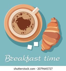 Breakfast time. Donut coffee. Tasty food. Coffee with heart pattern