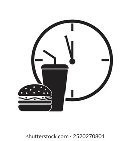 Breakfast time, fast food order, burger with drink and clock, lunch time concept.

