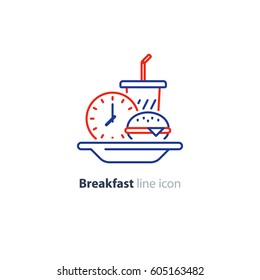 Breakfast Time, Fast Food Order, Burger With Drink And Clock, Lunch Time Concept, Vector Line Icon