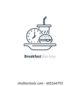 Breakfast Time, Fast Food Order, Burger With Drink And Clock, Lunch Time Concept, Ready To Eat Delivery, Vector Line Icon