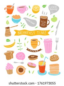 Breakfast time food vector concept. Cute food illustration. Healthy eating morning doodle icon set