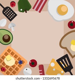 Breakfast time frame set with butter pancake waffles, suasage, bacon, cheese, and fried eggs. Template for wallpaper, banner, website, cover and decorations. Top view flat style vector illustration. 