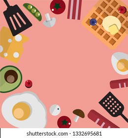 Breakfast time frame set with butter pancake waffles, suasage, bacon, cheese, and fried eggs. Template for wallpaper, banner, website, cover and decorations. Top view flat style vector illustration. 