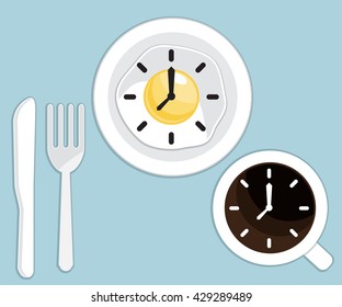 breakfast time fried egg and coffee with clock vector illustration