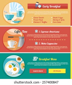 Breakfast time. Fried eggs with cup of coffe. Coffe time in flat design concept