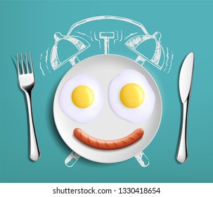 Breakfast time. Fried eggs on the plate as an alarm clock. Vector illustration.