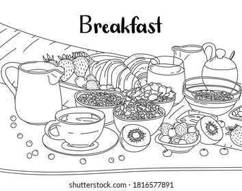 Breakfast time with fruit, coffee, tea, milk, cereal and bakery. Contour line hand drawn sketch. Vector cartoon illustration clipart.