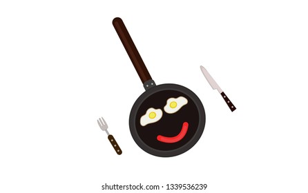 Breakfast time frying pan with cute eggs and sausage