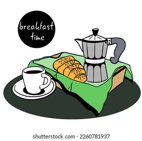 Breakfast time.  Good morning with cup of coffee. bread box with fresh bread, pastries with cup of hot coffee. Continental breakfast - coffee and croissant.