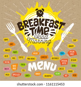 Breakfast time, good morning, fork, knife, menu. Lettering, labels, logo, sketch style, craft, pasta, vegan, tea, coffee; desserts, yummy, soup, combo, salad, pastry. Hand drawn vector illustration.