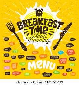 Breakfast time, good morning, fork, knife, menu. Lettering, labels, logo, sketch style, craft, pasta, vegan, tea, coffee; desserts, yummy, soup, combo, salad, pastry. Hand drawn vector illustration.