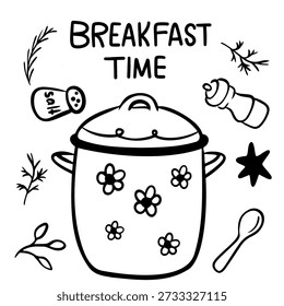 Letras de mão do tempo do café da manhã com sal de panela e pimenta Ilustração de cozinha
