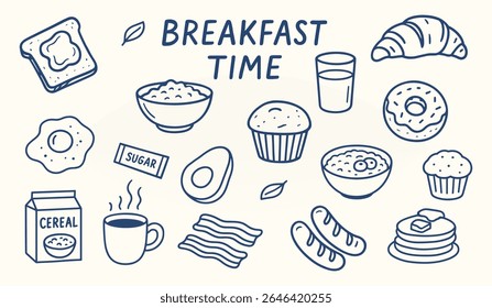 Breakfast time – hand-drawn sketch set of morning food elements. Doodle