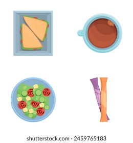 Breakfast time icons set cartoon vector. Various dishes for breakfast. Nutrition, food