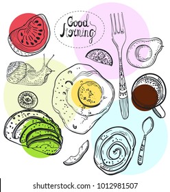 Breakfast time illustration, doodle hand drawing background