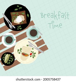 Ilustración del horario de desayuno. Alimentos y bebidas frescos en forma de llanura