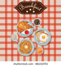 Breakfast time illustration with pancakes, croissants,omelette and drinks in flat style, vector illustrator. Top view.