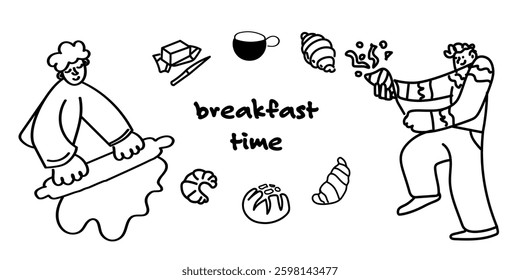 Breakfast Time Illustration Person Relaxing with Coffee and Croissants, Pretzels, Toasts. Great for café menus, packaging, digital or print designs,  social media, and cozy café branding.