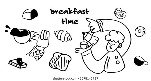 Breakfast Time Illustration Person Relaxing with Coffee and Croissants, Pretzels, Toasts. Great for café menus, packaging, digital or print designs,  social media, and cozy café branding.