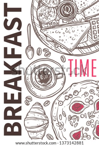 Breakfast time and lunch food vector doodle poster. Hand drawn sketch design. Freehand illustration