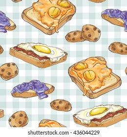 breakfast time menu vector seamless pattern; bread slice with egg omelette, apricot and blueberry jam, chocolate cookies; hand drawn illustration in sketch style; food background with toast
