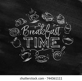 Breakfast Time Monogram With Food Icon Drawing With Chalk On Chalkboard