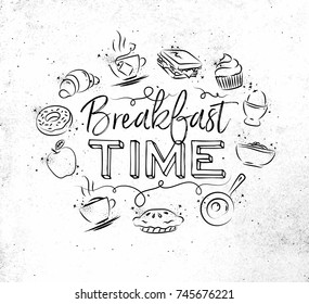 Breakfast time monogram with food icon drawing on dirty paper background