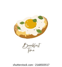 Breakfast time. Morning sandwich. Healthy food. Hand drawn breakfast food elements with fried egg, toasted bread and leaves. Flat vector illustration. 