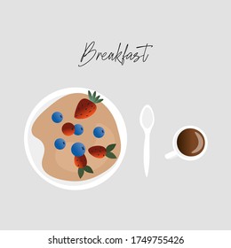 Breakfast time. Nice vector flat breakfast illustration. Porridge in a plate with fresh berries, a spoon and a cup of coffee in a cartoon style with a gradient.