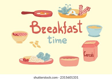 Breakfast time with oat corns and eggs hand drawn set