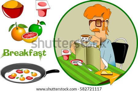 Breakfast time. Office man reading news on tablet during breakfast