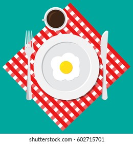 breakfast time. Plate with a fork, egg, coffe and knife. vector illustration in flat style