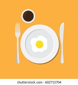 breakfast time. Plate with a fork, egg, coffe and knife. vector illustration in flat style
