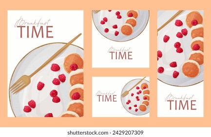 Breakfast time postcards set. Design of a postcard, banner, flyer with a delicious breakfast. Cheese pancakes with raspberries