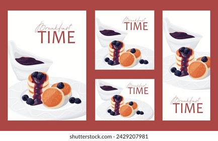 Breakfast time postcards set. Design of a postcard, banner, flyer with a delicious breakfast. Cheese pancakes with blackberries and jam