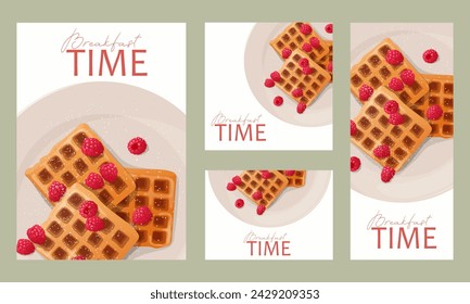 Breakfast time postcards set. Design of a postcard, banner, flyer with a delicious breakfast. Waffles with raspberries