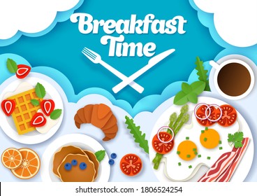 Breakfast time poster banner template. Vector layered paper cut style top view illustration. Coffee pancakes waffles croissant, fried eggs with tomatoes bacon. Fresh delicious breakfast foods for menu