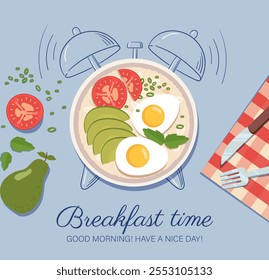 Breakfast time poster. Dish with eggs and vegetables top view. Healthy morning eating. Slices of avocado and tomato. Proper diet and nutrition. Flat vector illustration