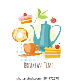 Breakfast time poster. Flat tea and sweets icons. 