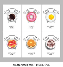 Breakfast time. Realistic coffee,  donut, waffles, jam and fresh raspberries, milk with chocolate cereal balls, pancake with butter, fried egg and painted alarm clock. Concept. Vector illustration.