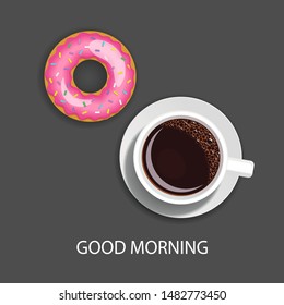 Breakfast time. Realistic coffee and  donut, on dark background. Vector illustration